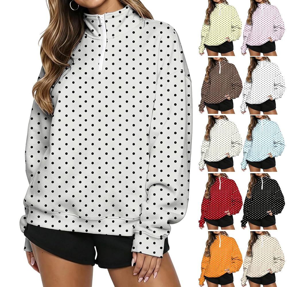 Polka Dot Quarter Zip Pullover Women Oversized