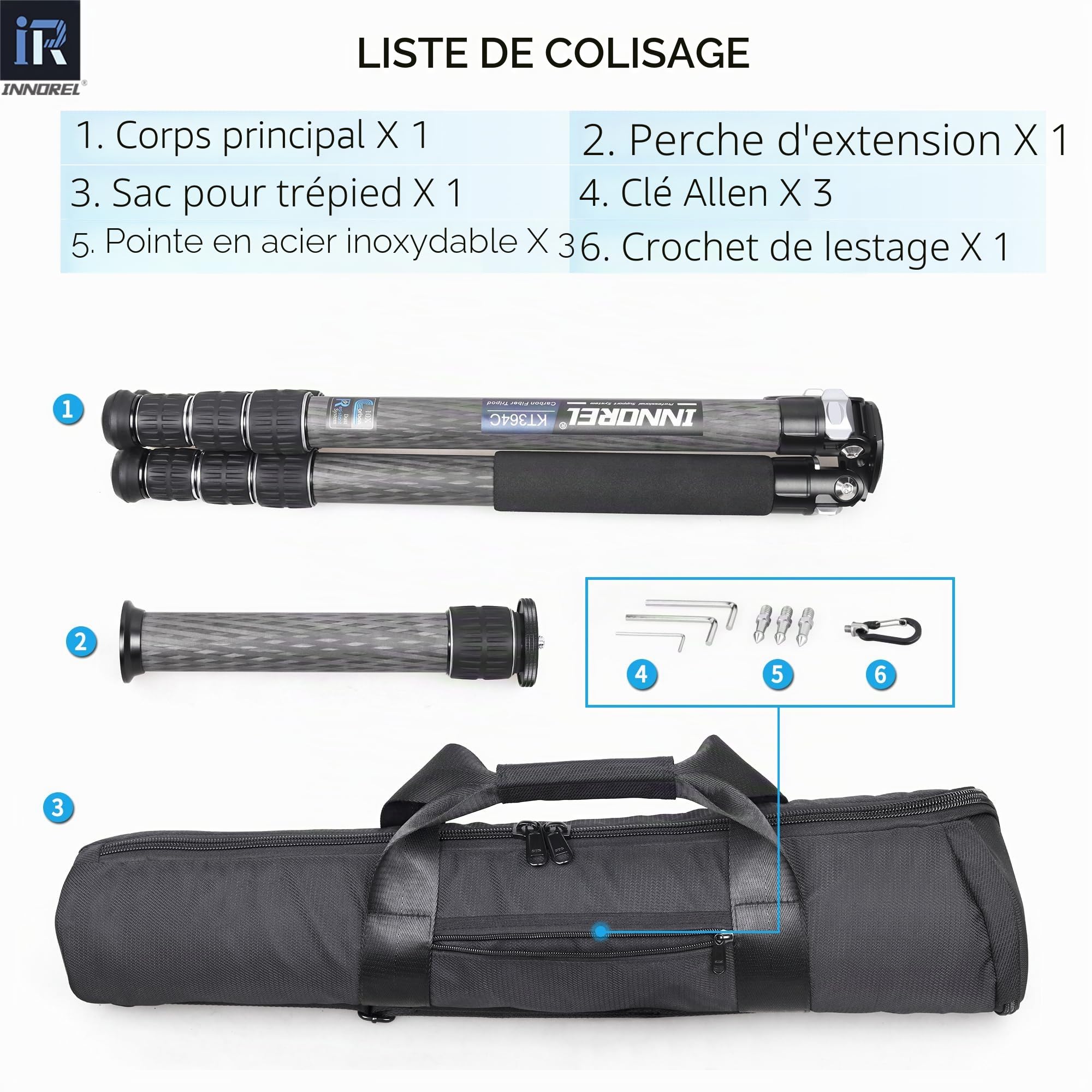 INNOREL KT364C Trépied Compact en Fibre de Carbone 10 Couches pour Appareil Photo Tube de 36 mm Trépied de Voyage Professionnel pour caméscope numérique DSLR Charge 30kg avec Colonne Centrale