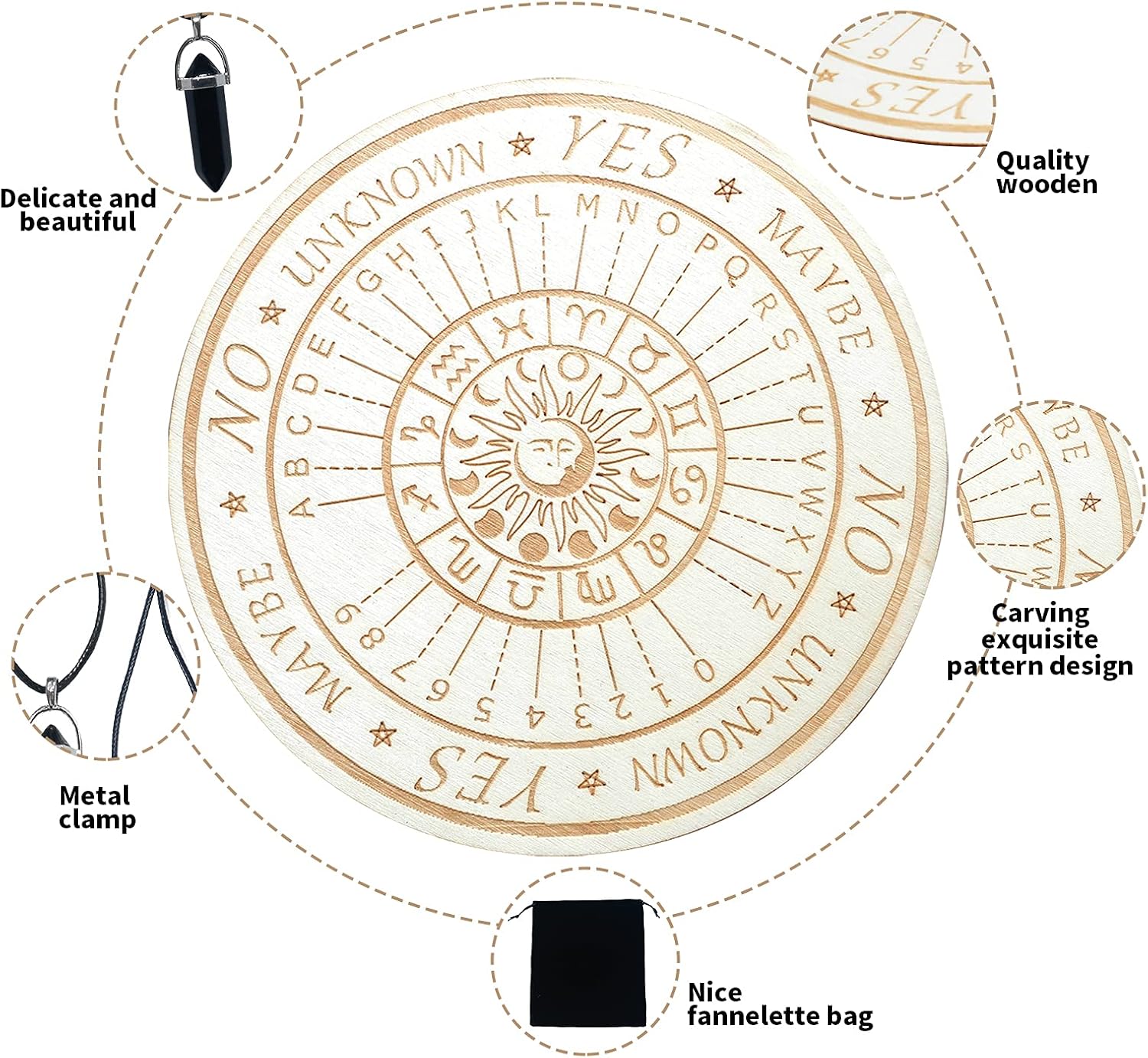 Pendulum Board for Divination Wood Divination Metaphysical Message Carven Pendulum Board Set with Crystal Dowsing Pendulum Necklace Wiccan Altar Witchcraft Supplies Kit
