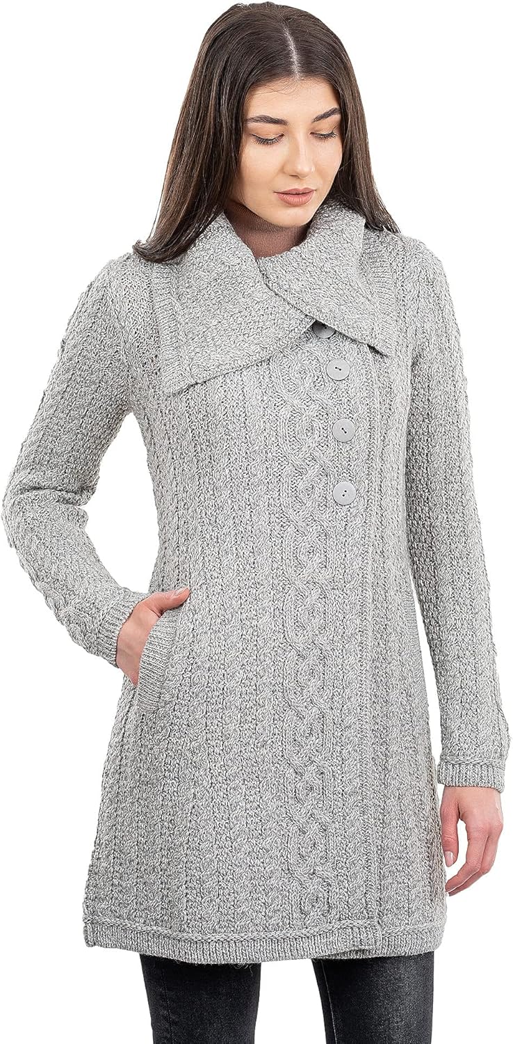 SAOL Irish Cardigan Sweater for Women with Side Pockets and Oversized Collar - Soft Merino Blend