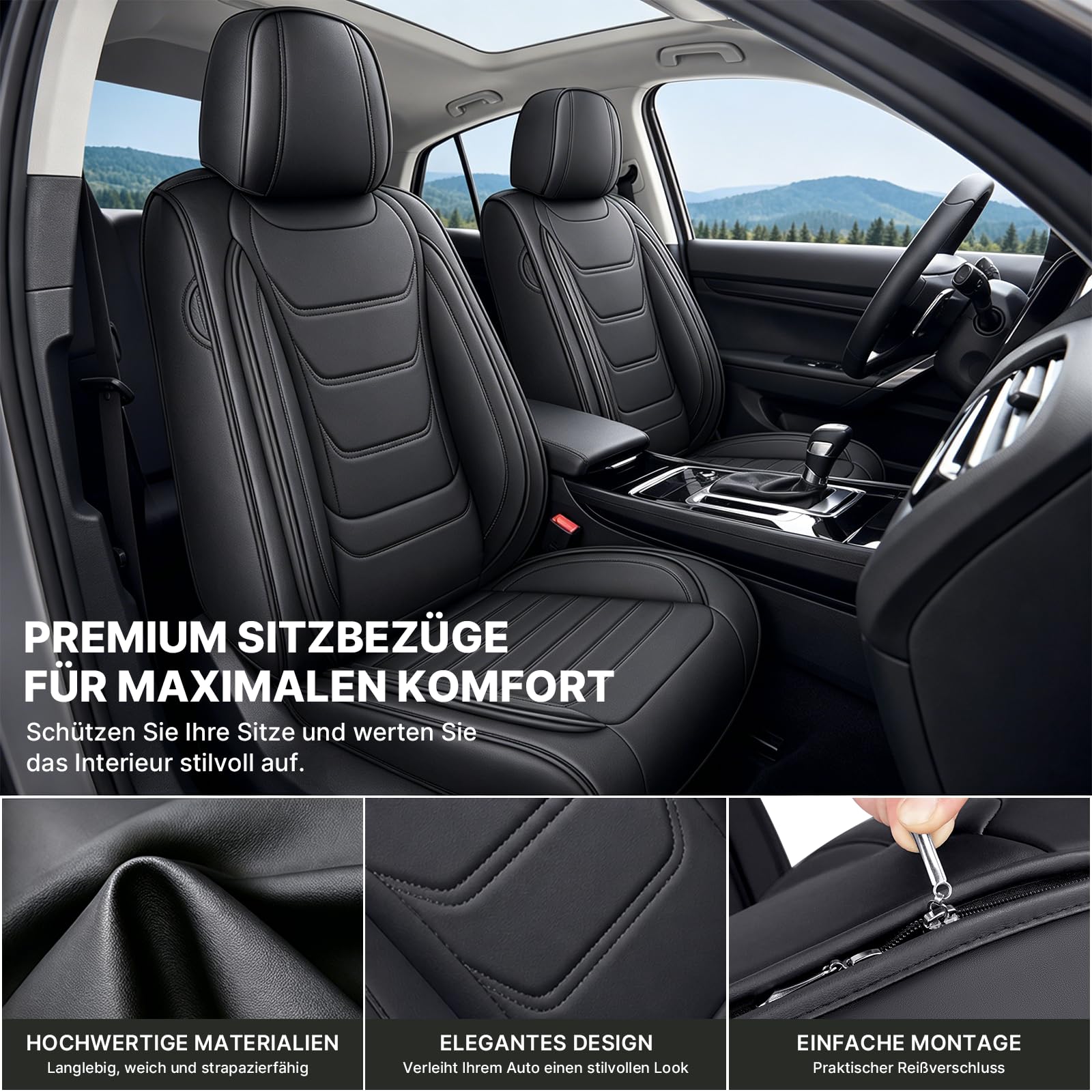 Autositzbezüge Kunstleder Komplettset für BMW 118 1999-2026, Auto Sitzbezug für 5 Sitze, Wasserabweisend, rutschfest, Vordersitze und Rücksitze, mit Montagezubehör, Schwarz