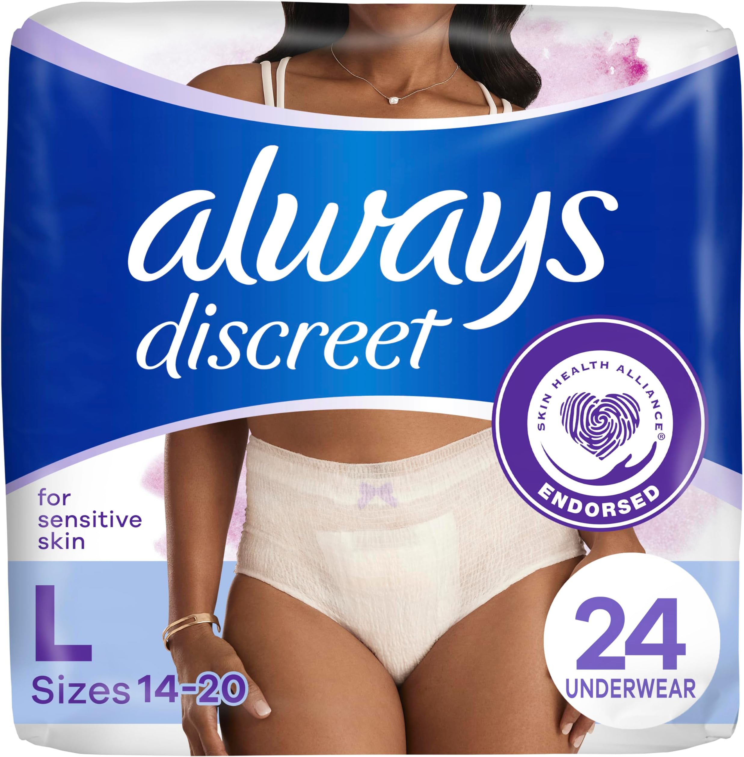 Always inconspicuous for sensitive skin 4 times skin protection Dermatologically tested Unscented Maximum Absorbency L 24CT