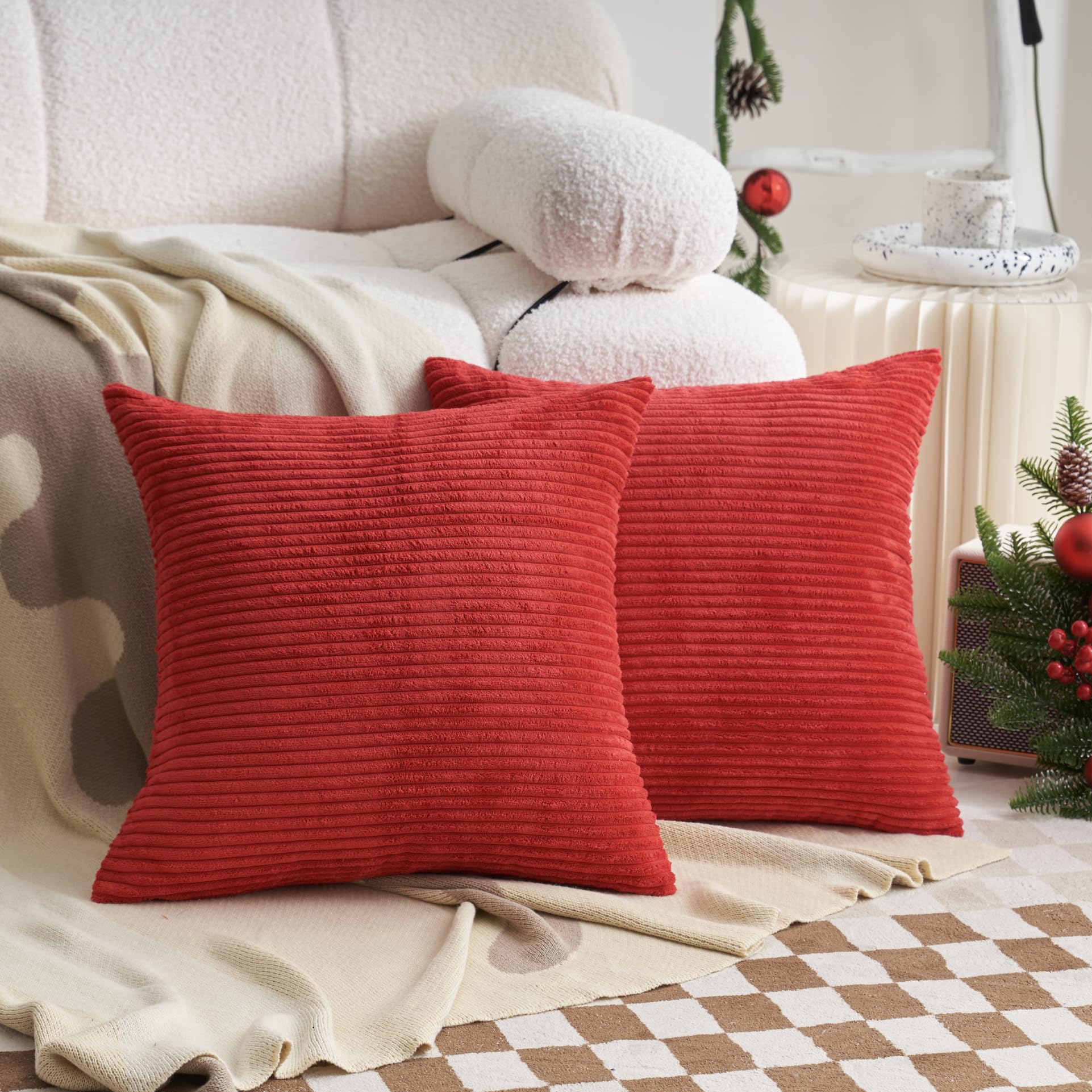 Demetex Large Cushion Covers 65cm x 65cm Modern Red Corduroy Cushions Decoratrive Striped Cushion Cases for Bedroom Couch Sofa, 65x65 cm, Set of 2, Red — image 1