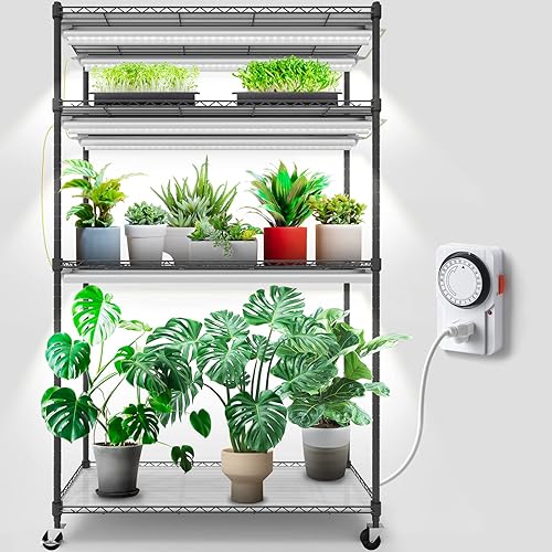 Barrina CX5 Soporte para plantas con luces de cultivo para plantas de interior, estante de plantas de 4 niveles con T8 3 pies 30 W (por luz) luz de