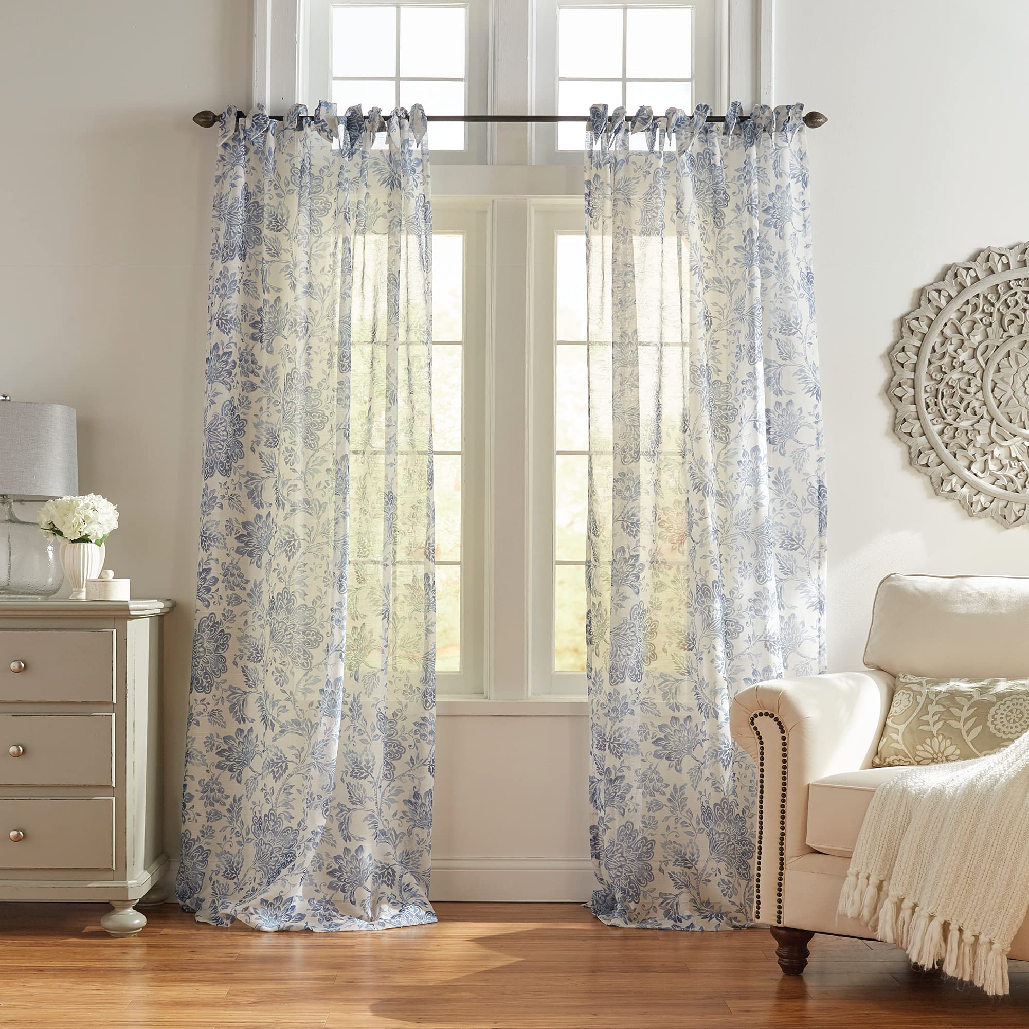 Elrene Floral Tie-Top Sheer Window Curtain Panel, Poly-Linen Blend, Indigo, 52" W x 84" L (Pack of 1), W 52" x L 84" (1 Panels)