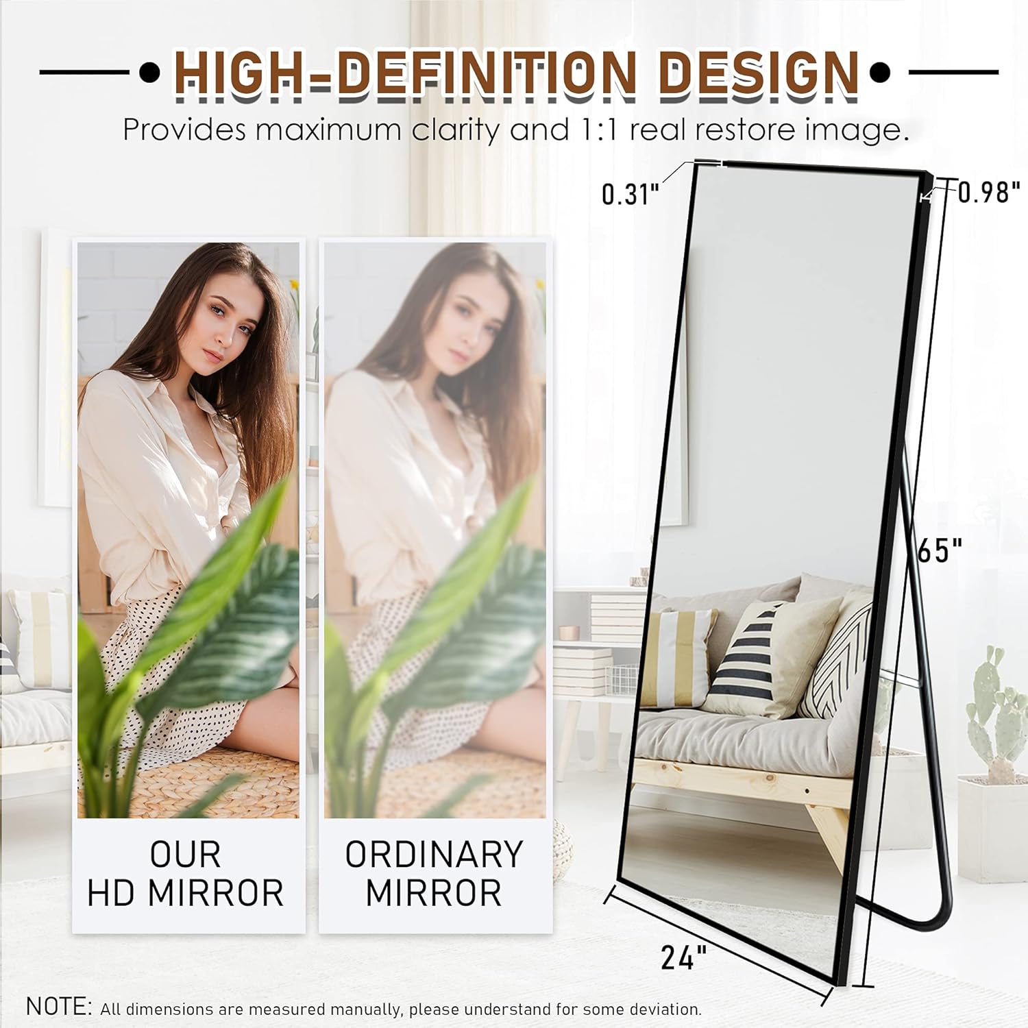 Beauty4U 65" x 24" Full Length Mirror Hanging Standing or Leaning, Bedroom Mirror Floor Mirror Wall-Mounted Mirror with Alloy Frame, Black : Home & Kitchen