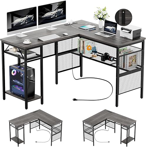 Hyomdeck Escritorio reversible para juegos en forma de L con tomas de corriente mágicas, escritorio de esquina grande de 55 pulgadas, mesa de