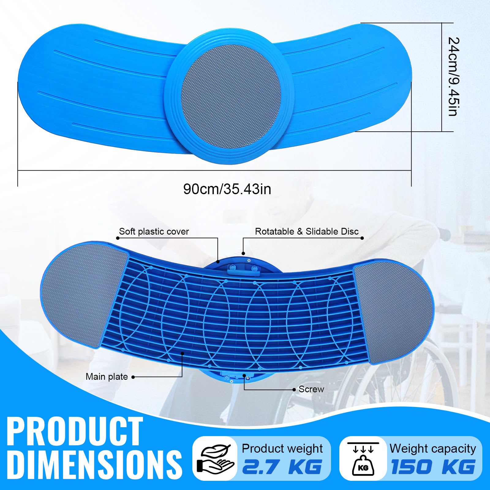 Planche de transfert pour fauteuil roulant, 75cm planche incurvée pour fauteuil roulant avec plaque pivotante coulissante à 360 °, Planche de Transfert pour personnes âgées ou handicapées
