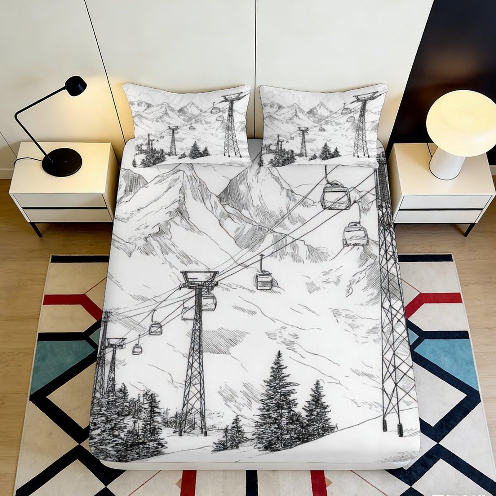 3D Printed Mountain Ski Lift Fitted Sheet Microfiber Anti-Slip Bed Sheet Winter Landscape Bedroom Decor 90x200x25cm