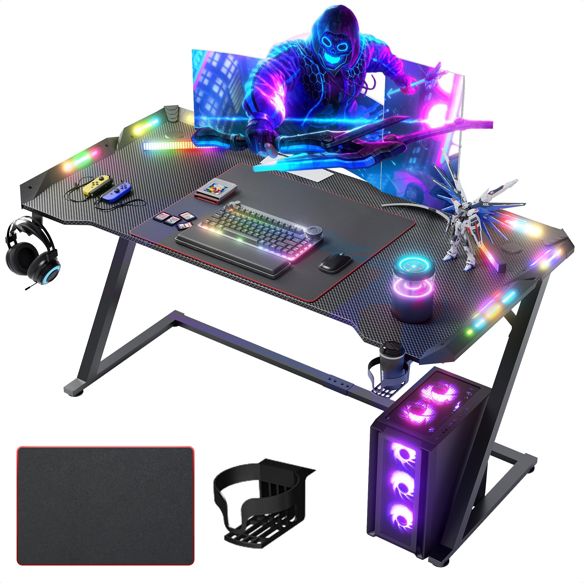 Claiks Gaming Tisch mit LED, 140 x 60 cm Gaming Schreibtisch Z-Frame, Ergonomischer Gamer PC Tisch mit Getränkehalter, Kopfhörerhaken, Stabiler Computertisch, Schwarz