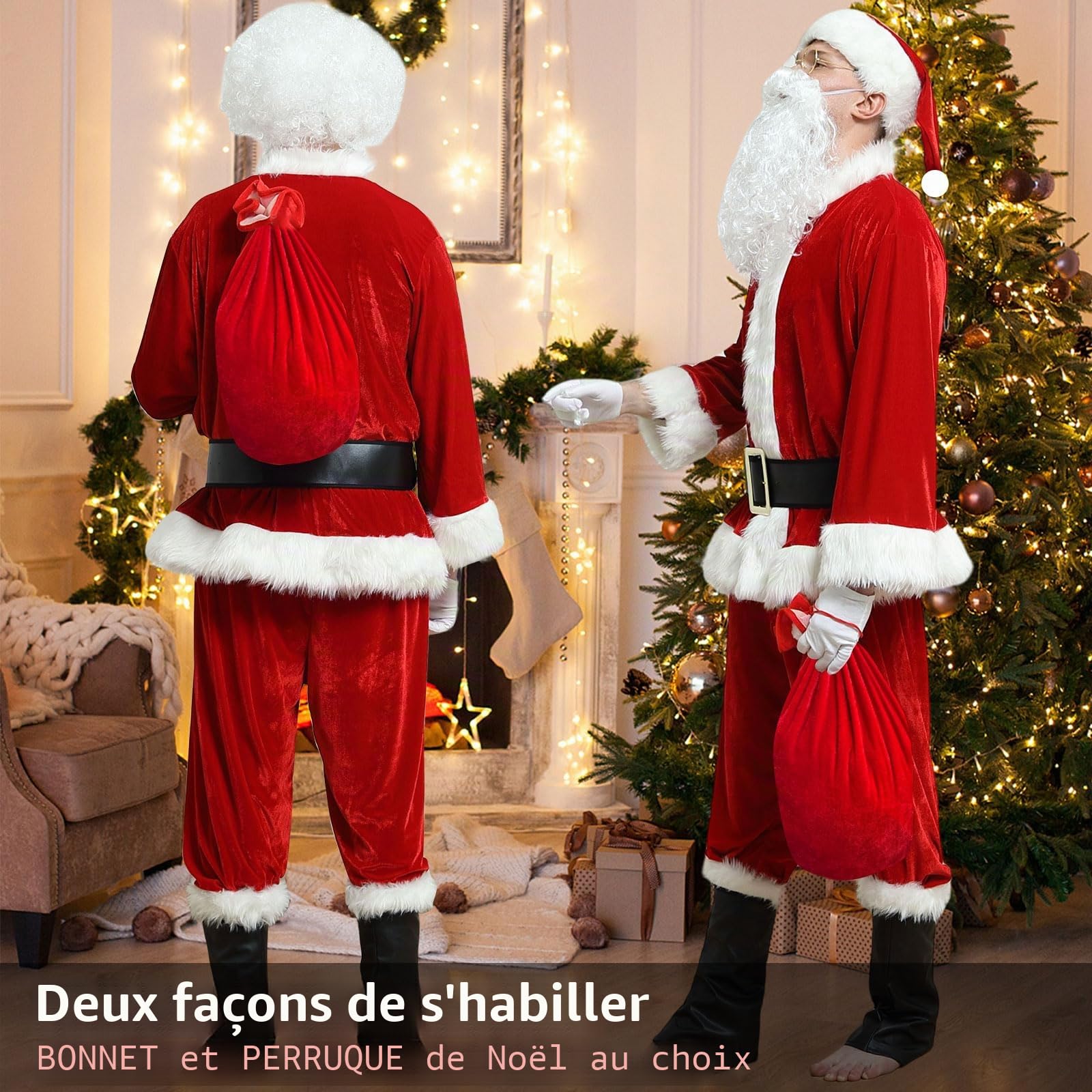 Kouric Costume Pere Noel Homme 10PCS-Deguisement Pere Noel Adulte,Déguisement Père Noël Rouge en Velours Luxe,Santa Claus Costumes Complet,Habit Pere Noel Tenue pour Hommes Cosplay Party Carnaval