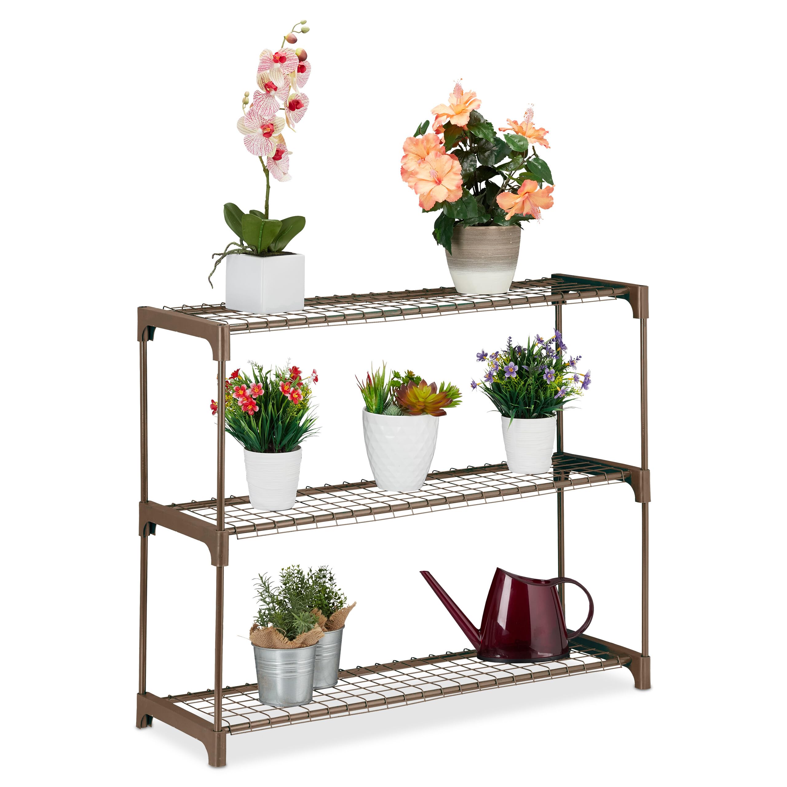 Relaxdays Étagère à Plantes, 3 Niveaux, pour Vos trésors Verts, métal et Plastique, H x L x P : 79 x 91 x 28 cm, Marron
