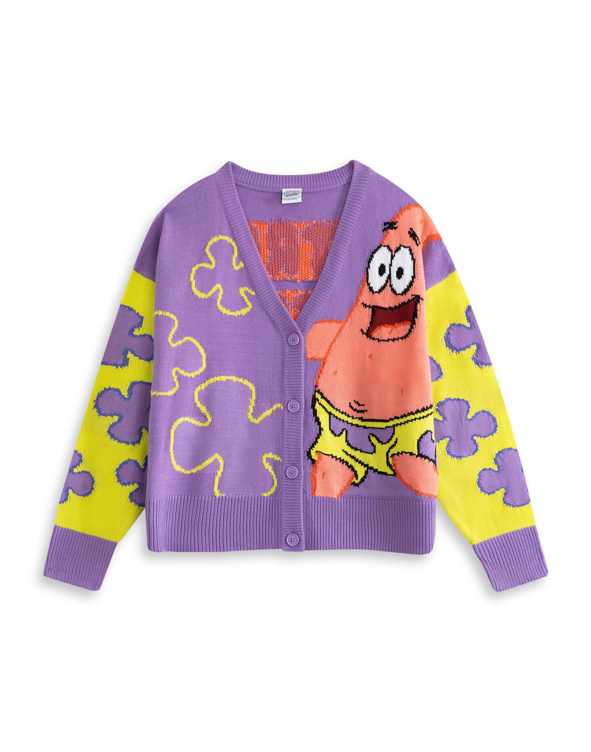 SPONGEBOB SQUAREPANTS Patrick Star Womens Purple Cardigan | Long Sleeve V Neck Button Closure | Casual Wear for Everyday | Cartoon Character Apparel Merch - XX-Large