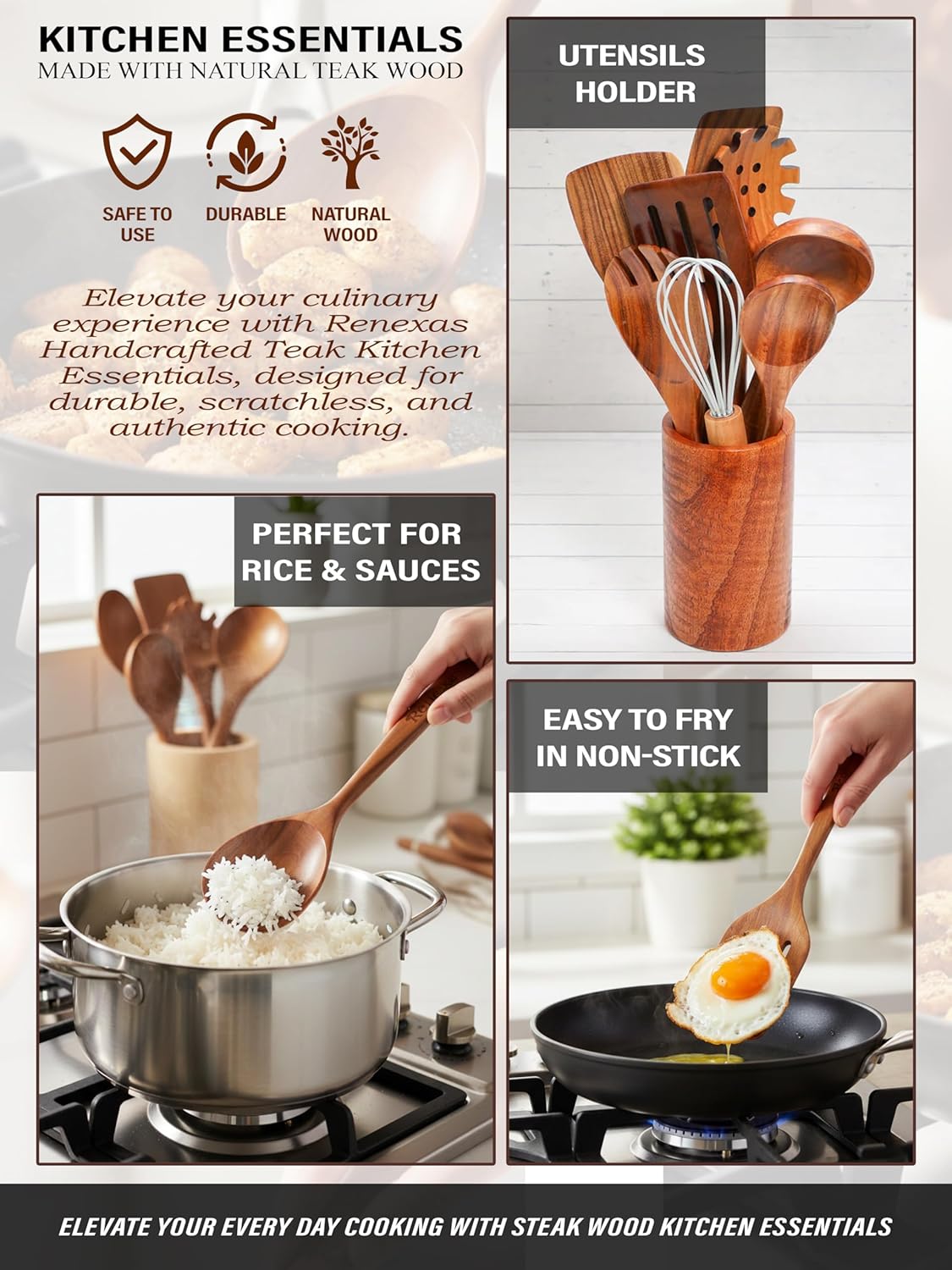 12 pcs wooden kitchen spoons utensil set Teak spoons for cooking Nonstick Comfortable Grip Wooden Utensil Set Spatulas & Spoons