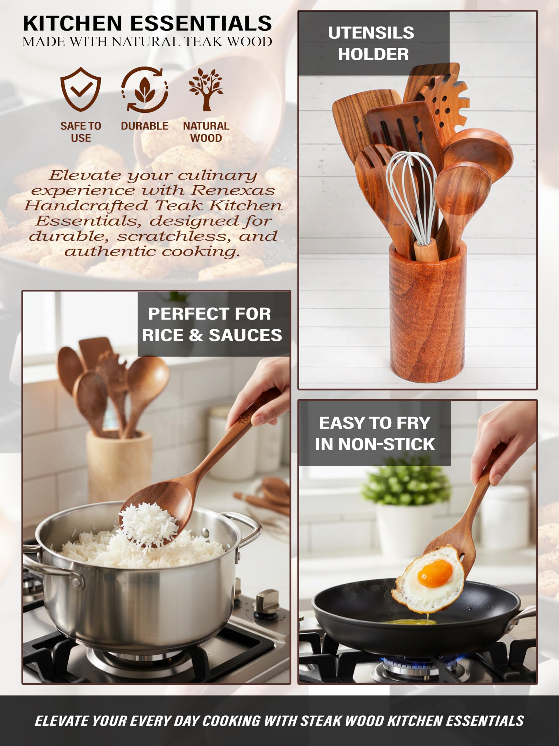 12 cucharas de madera para utensilios de cocina, cucharas de cocina de madera de teca natural con juego de espátulas antiadherentes, utensilios de cocina de bambú con soporte, juego de cucharas de