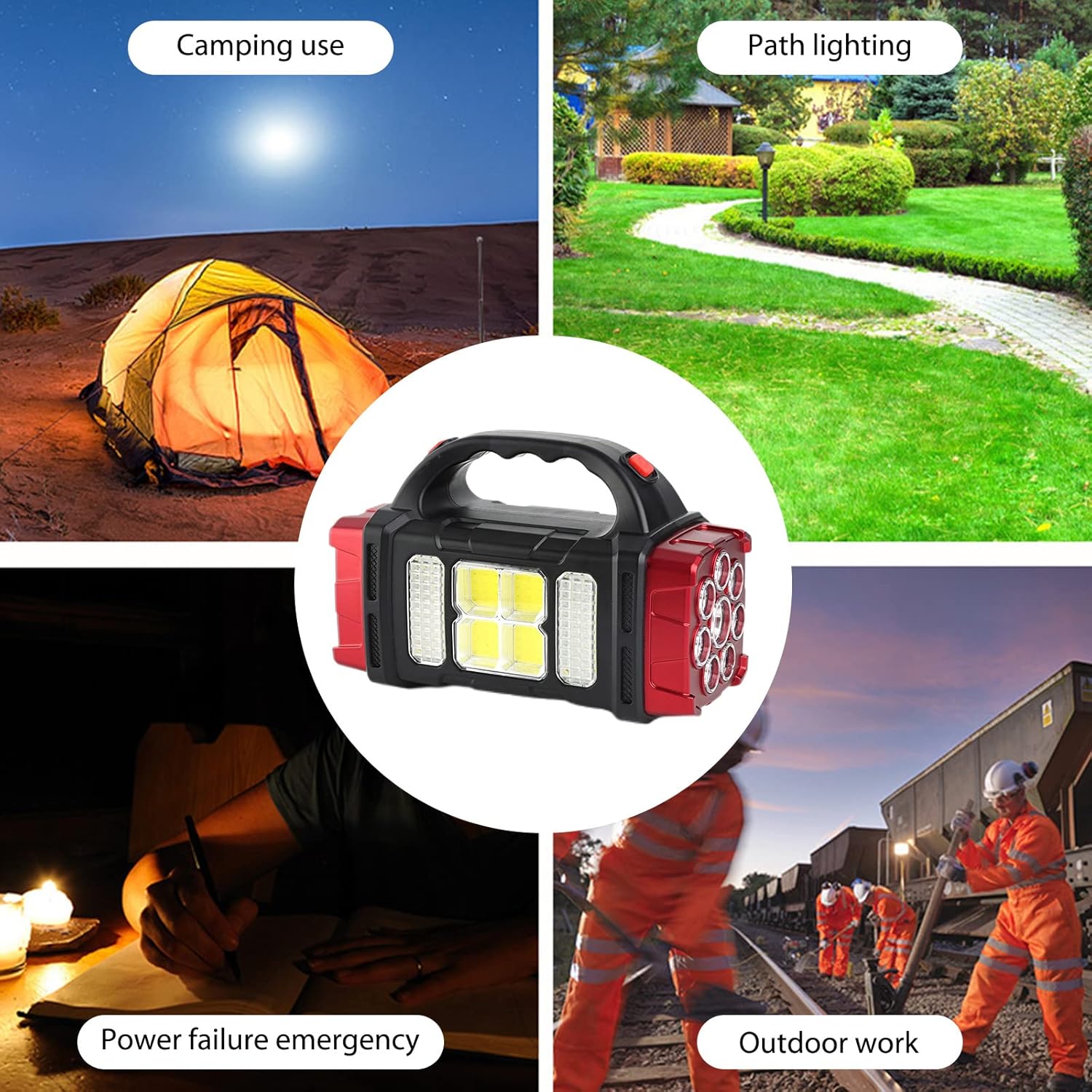 Rechargeable Flashlight Camping Light with Solar Charger, Multi Lamp Handheld Torch Lanterns Electric Flashlight for Outdoor Hiking or Indoor Power Outages (L-Red)