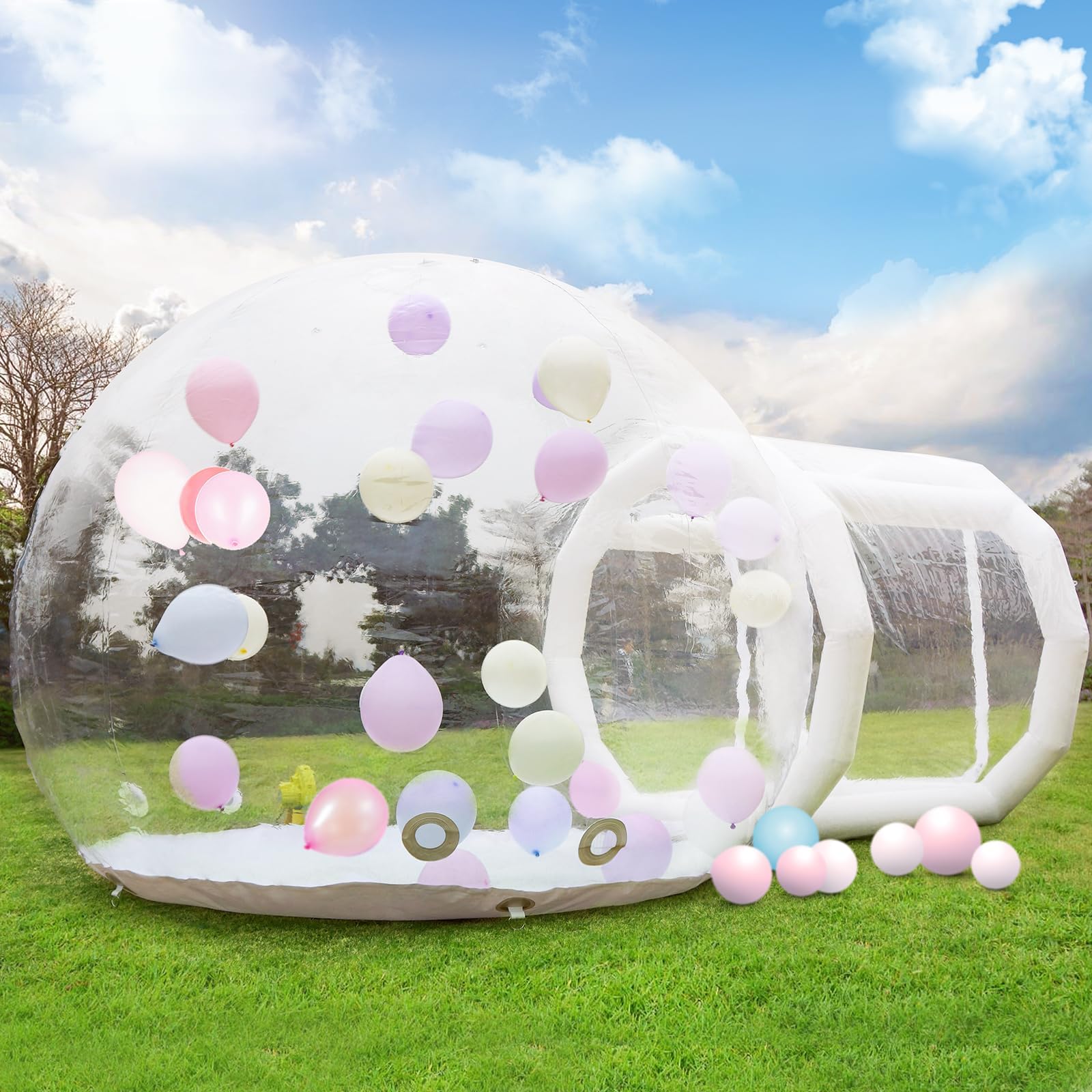10Ft Inflatable Bubble House Dome For Kids, Clear Pvc Tent With Tunnel, Balloon 750W Air Blower, 600W Pump Party (Clear, 10Ft)
