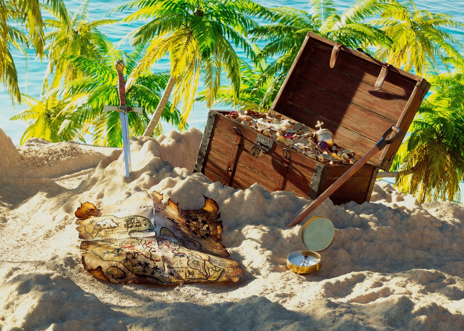 BELECO 4.6x2.5m Telo sfondo tema pirata | Vecchia mappa pirata scrigno tesoro spada bussola spiaggia tropicale palme sfondo halloween accessori foto