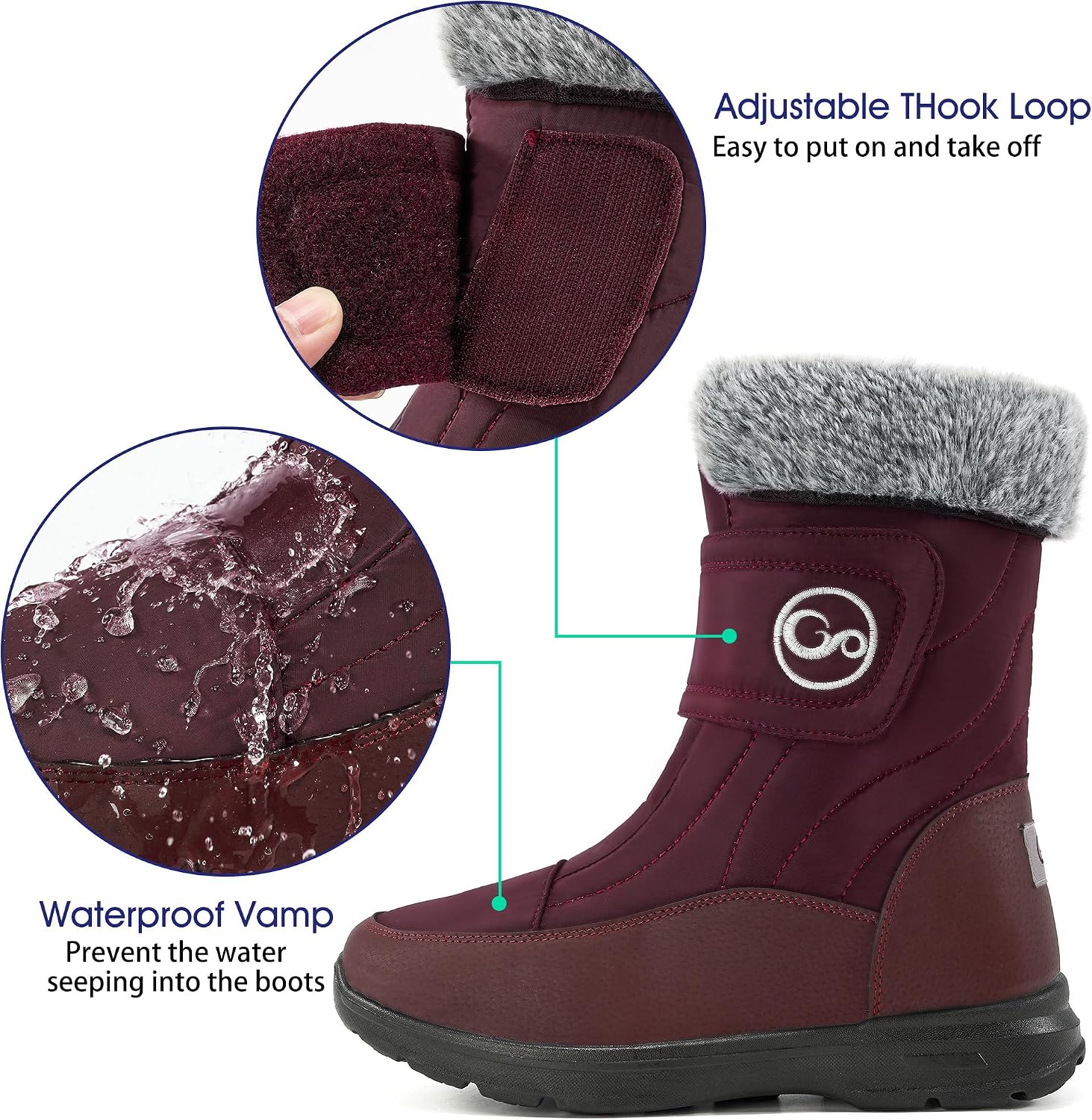 Almusen Snow Boots for Womens Winter Shoes: Warm Fur Lining Mid Calf Boots Women Anti Slip Waterproof Hook Loop Comfortable Outdoor Boot