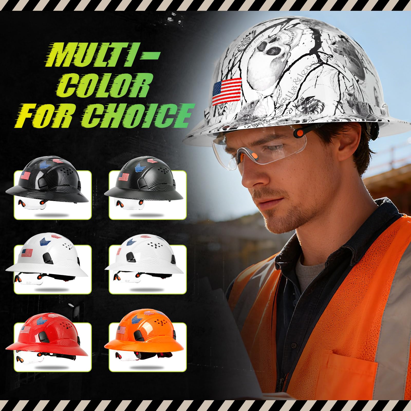 Casco de seguridad de ala completa con patrón de fibra de carbono con visera, aprobado por OSHA, casco de seguridad para hombres y mujeres, ANSI Z89.1 con ventilación reflectante y