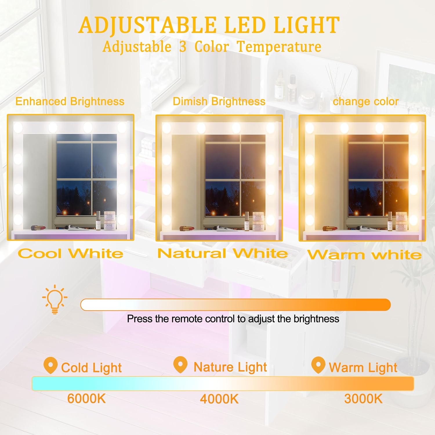 White Vanity Desk with Mirror and Lights, Vanitys with Glass Top & Power Outlet, Dressing Table with 36 Lighting Modes Brightness Adjustable RGB Drawers, for Women Girls Bedroom