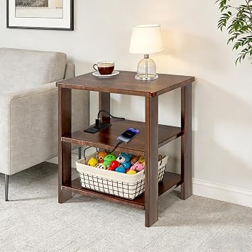 ONCHEER Side Table Nightstand with Wall Plug Socket and USB/Type C Port, Small Place Bedside Storage 3-Tier End Table for Living Room, Bedroom and Balcony
