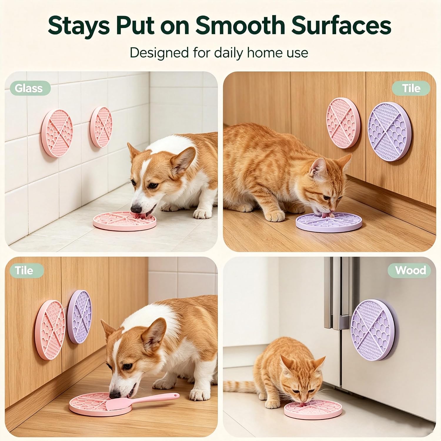 2Pcs Round Honeycomb Lick Mat for Dogs Cats with 61 Suction Cups. | BPA-free silicone mat for walls/floors/fridges; slows eating, reduces anxiety, promotes dental health via honeycomb texture.
