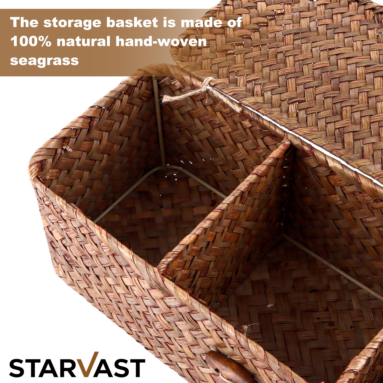 STARVAST Lot de 2 paniers de rangement rectangulaires en jonc de mer avec couvercle tressé naturel avec sections pour organiser les jouets à collation, les tampons