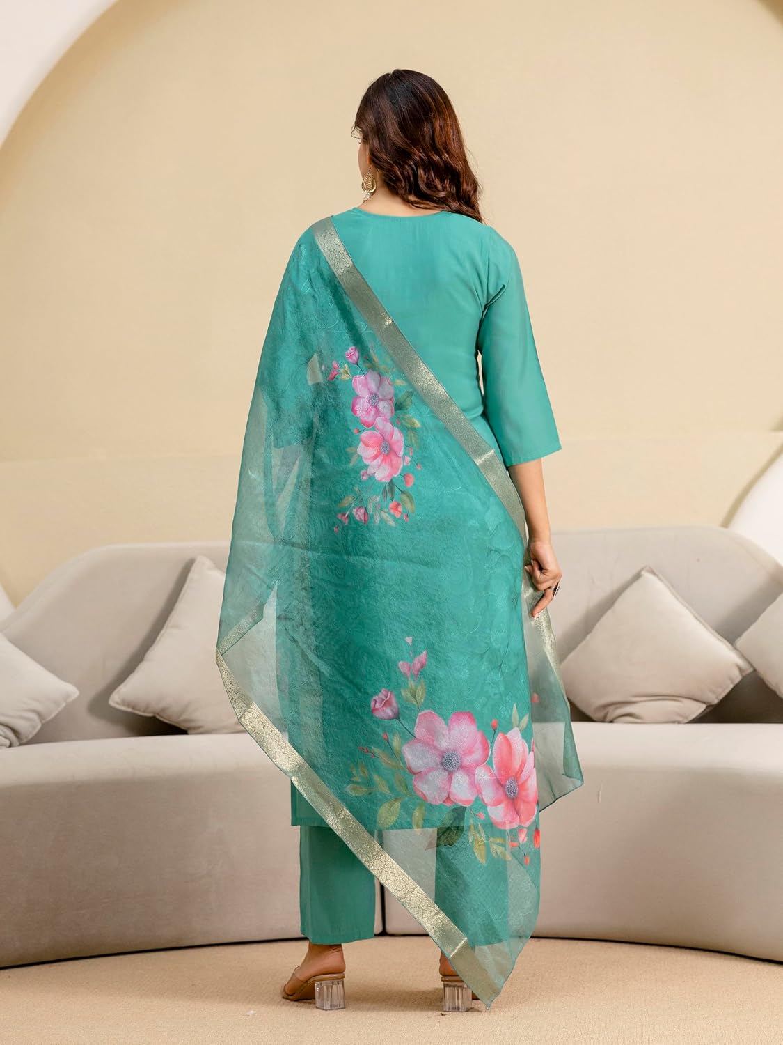 TRENDMALLS Women's Roman Silk Embroidery Sequence Work Kurta Pant with Floral Print Dupatta Set