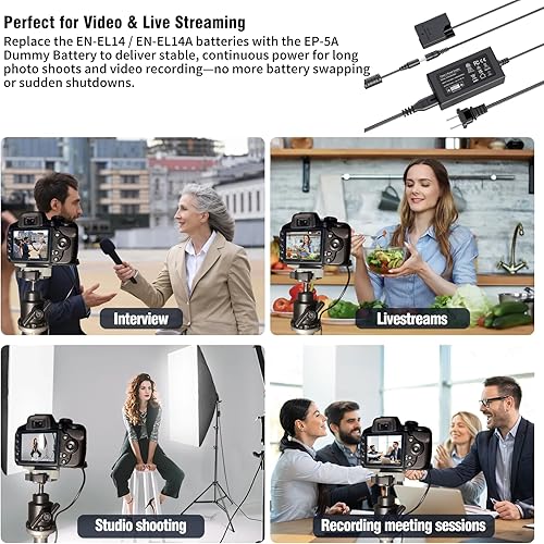 Miniatura 3 de F1TP Adaptador de corriente alterna EP-5A EH-5 y batería ficticia EN-EL14 para Nikon D3100 D3200 D3300 D3400 D3500 D5100 D5200 D5300 D5500 D5600