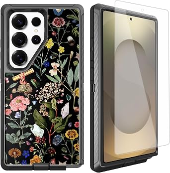 Compatible for Samsung Galaxy S25 Ultra Phone Case with Screen Protector [[Military Grade Protection] Cute Floral Design for Girls Women 3-Layer Heavy Duty Shockproof Case, Black Flowers