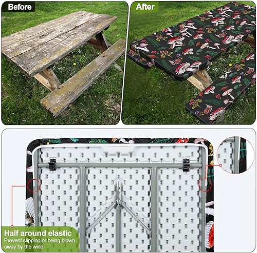 Miniatura 6 de Mantel de mesa de picnic con fundas de banco de 6 pies, 3 piezas, impermeable, resistente al viento, mantel de camping estético con bolsa con