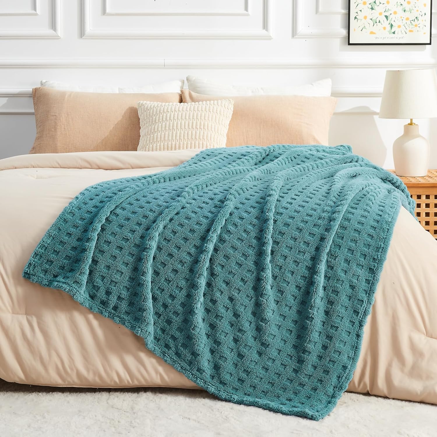 NEWCOSPLAY Super Soft Queen Blanket Teal Premium Silky Flannel Fleece 3D Waffle Checkered Lightweight Bed Blanket All Season Use (Light Teal, Queen(90"x90")) - Image 3