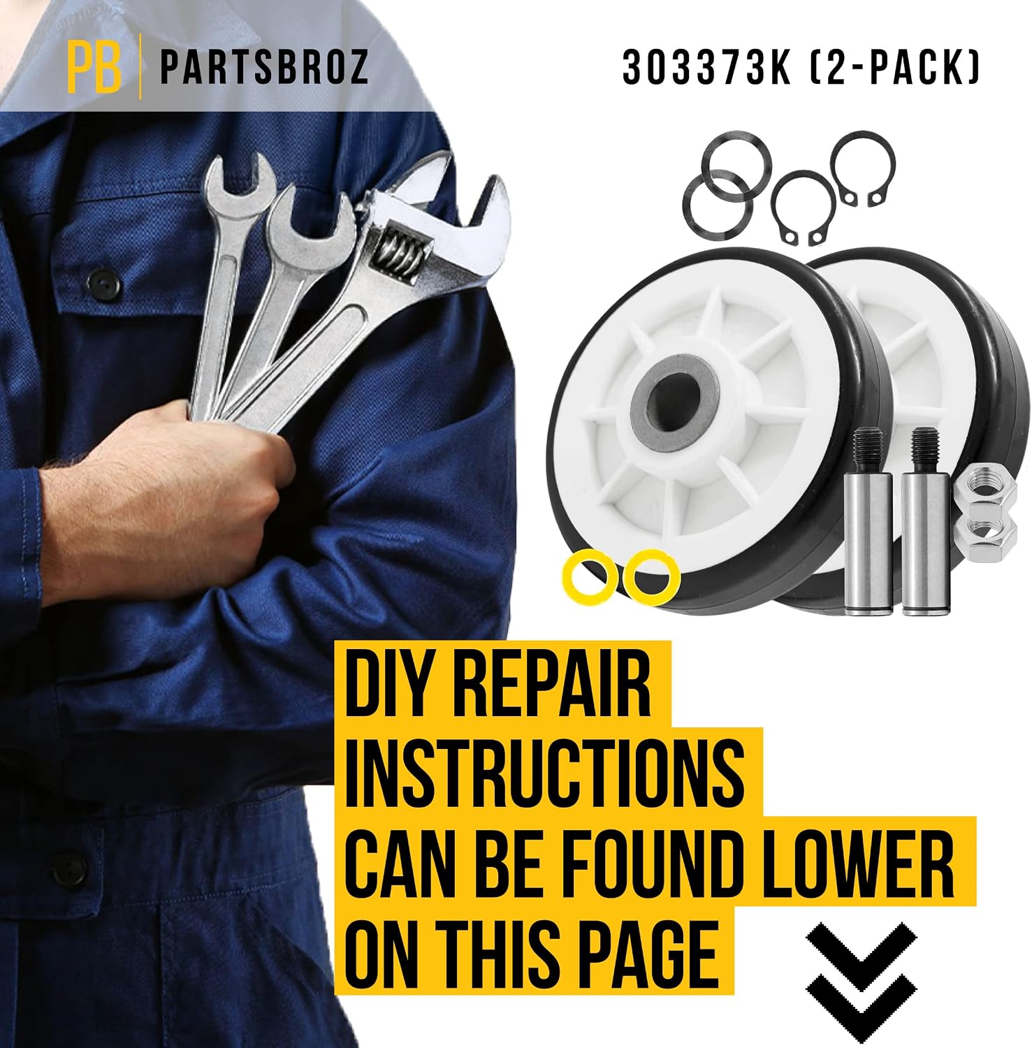DIY Tips Included - 12001541 303373K Drum Roller Kit (2-Pack) by PartsBroz - Compatible Maytag Dryer Parts - Includes 2x Drum Supports, 2x Shafts, 2x Washers, 2x Nuts, 2x Clips, 2x Spring Washers