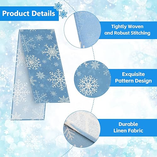 Miniatura 2 de Camino de mesa de copo de nieve de Navidad de 72 x 13 pulgadas, decoración de mesa de arpillera de lino azul blanco con patrón de nevadas para