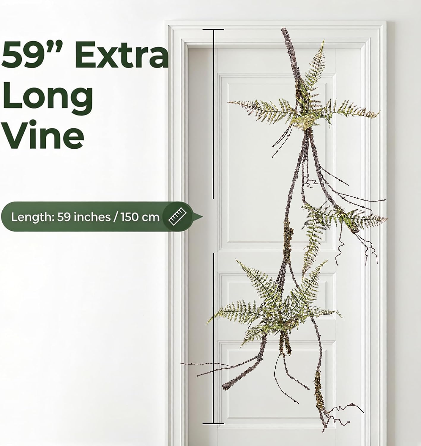 59inch Large Bendable Artificial Tree Branches with Ferns Leaves Creepy Mossy Curly Wall Jungle Greenery Plants Vines Fall Garland for Wall Hanging Mantel Halloween Outdoor Table Patio Arch Decor
