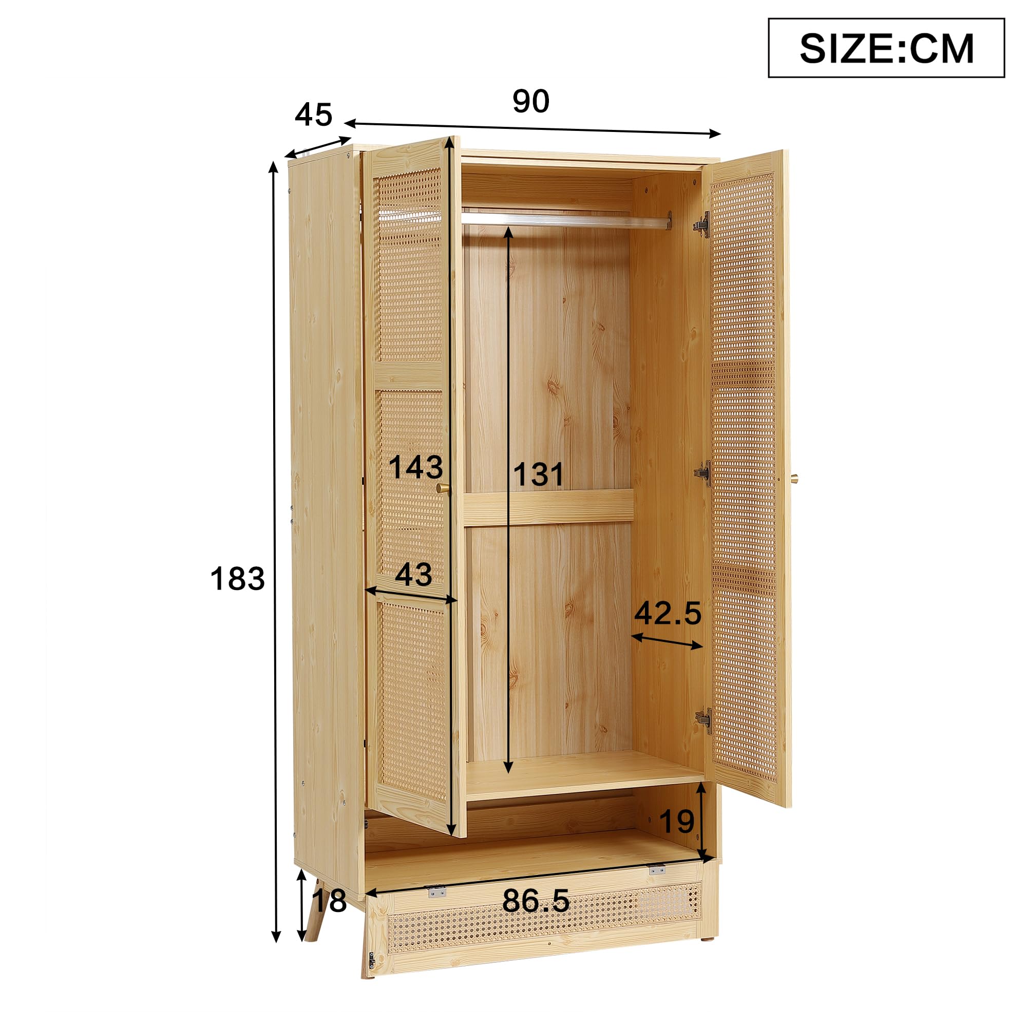 Armoire en Rotin à 3 Portes,Garde-Robe et Tringle à VêTements,Dressing Rangement Placard,Style Bohème,pour Chambre à Coucher,Couloirs,Salon