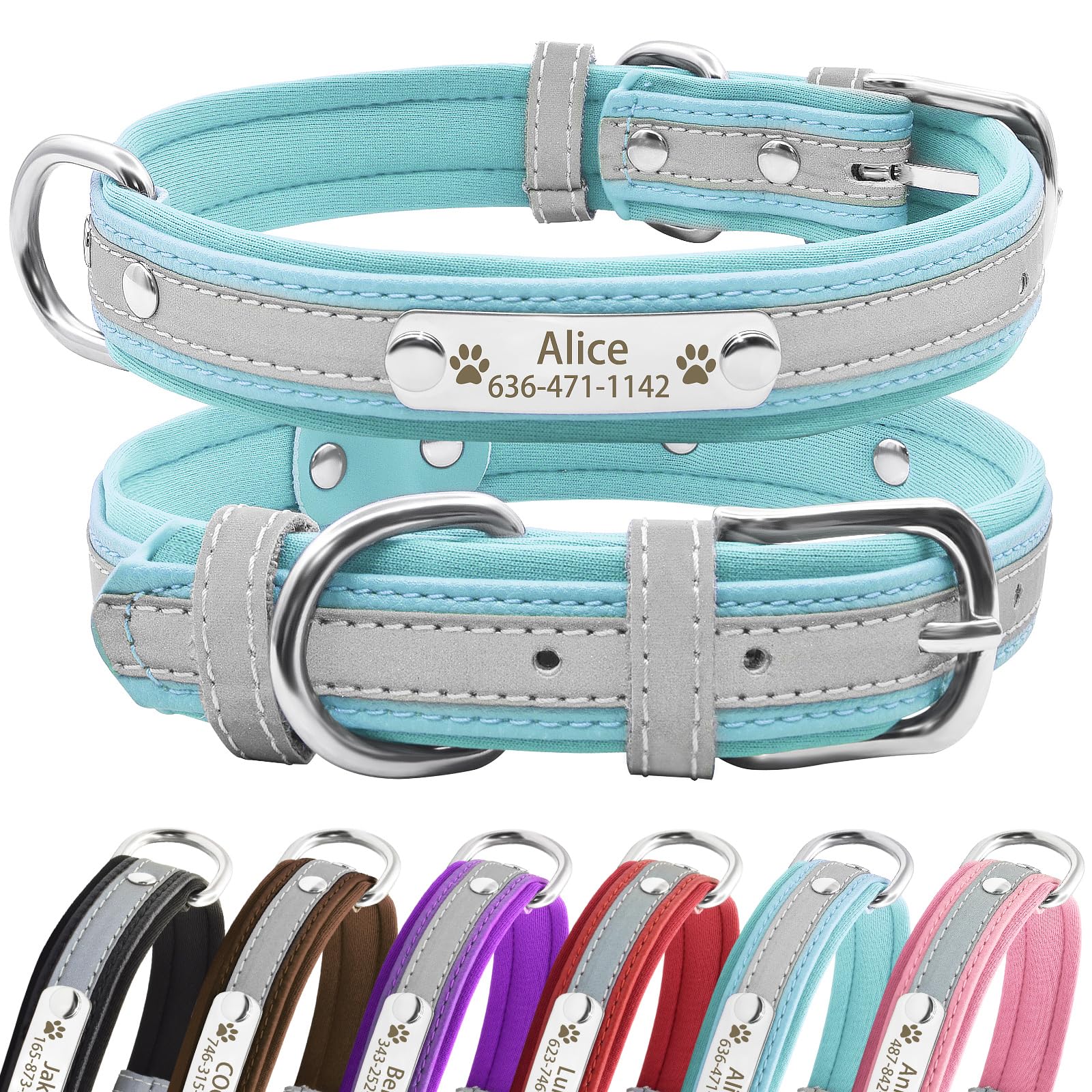 Senristar Personalised Reflective Dog Collars with Neoprene Padded,Custom Engraved Dog Collar with Name Plate for Small Medium Large Dogs (M,Blue)