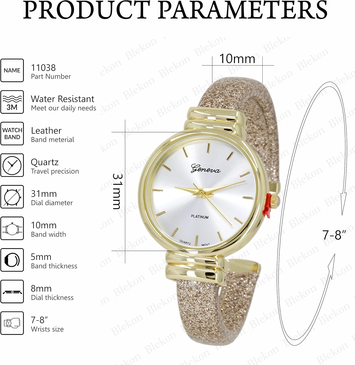 Blekon Collections Women's Analog Quartz 31mm Case Sparkling Glitter Designed Leather Cuff Bangle Ladies Wrist Watch