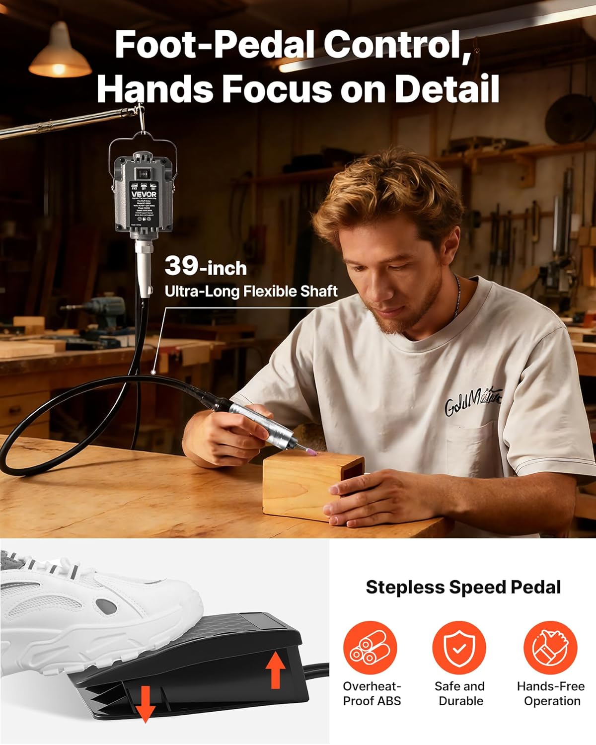 VEVOR Flex Shaft Grinder, 125W 18000RPM Electric Flex Shaft Rotary Tool, Foot-Pedal Control Hanging Carver Grinder with 112PCS Accessory Kit for Sanding Buffing Polishing Cutting