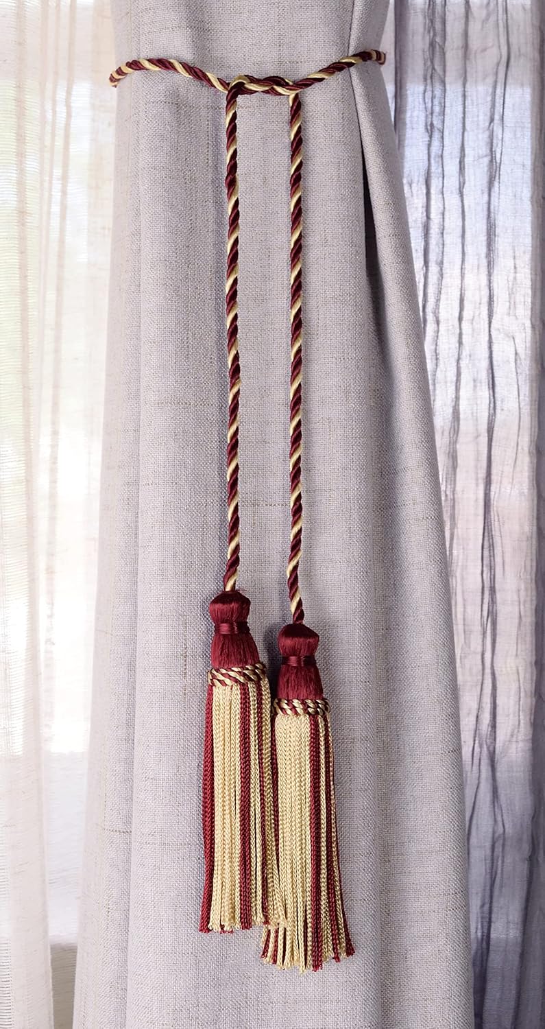 DÉCOPRO Decorative Handcrafted Double Tassel Curtain and Drapery Tieback/Holdback 4" Tassel (10cm) 29" Spread (73.5cm) # CDCT White Gold Red #572 (Burgundy Red Wine Red White Gold) Set of 12