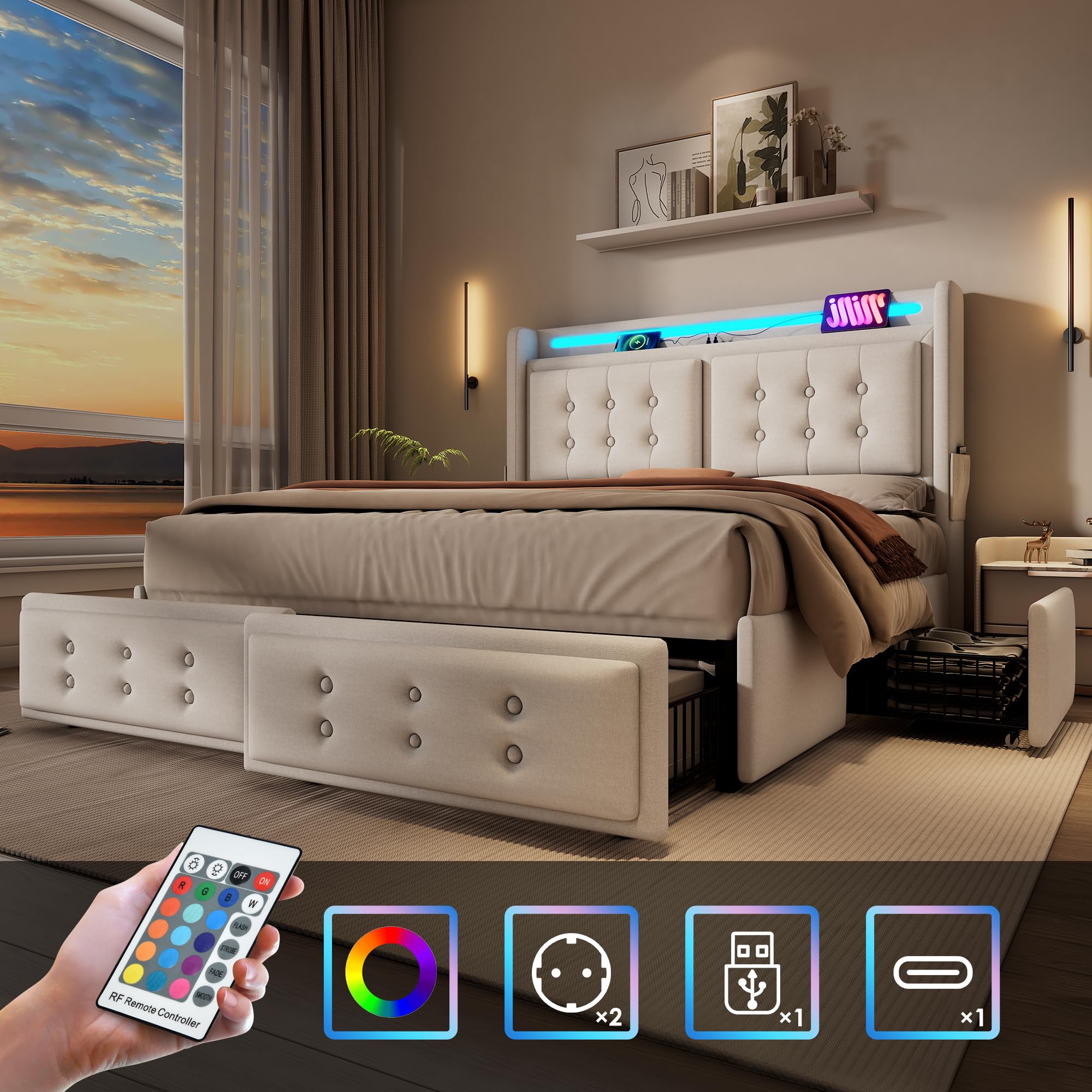 Letto Matrimoniale Imbottito 140x200 Cm Con Testiera Regolabile E Luci LED Smart – Struttura Stabile Con Doghe In Legno – Pelle Di Qualità – Senza Materasso - 5