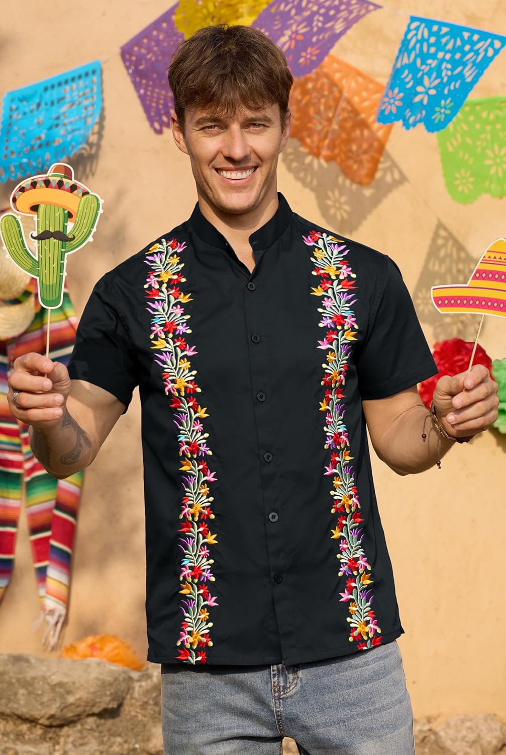 Arvilhill Men's Mexican Shirt Cotton Dress Band Collar Cinco de Mayo Fiesta Button Shirts (S-3XL)