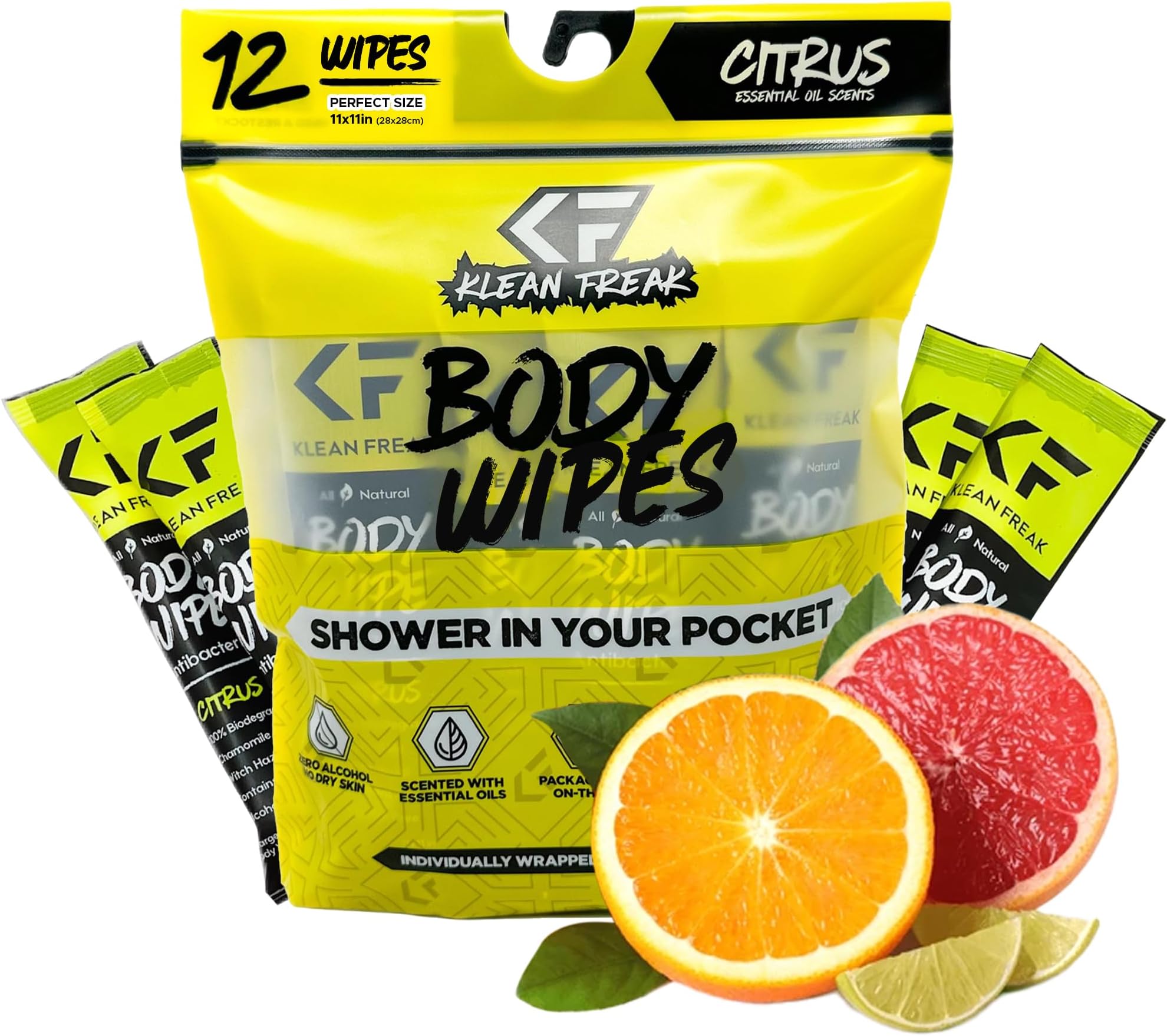 The Klean Freak Body Wipes - 12 count Individually Wrapped | Showerless Body Wipe for Women & Men | Sustainable Bodywipes for Gym, Travel, Camping | Citrus