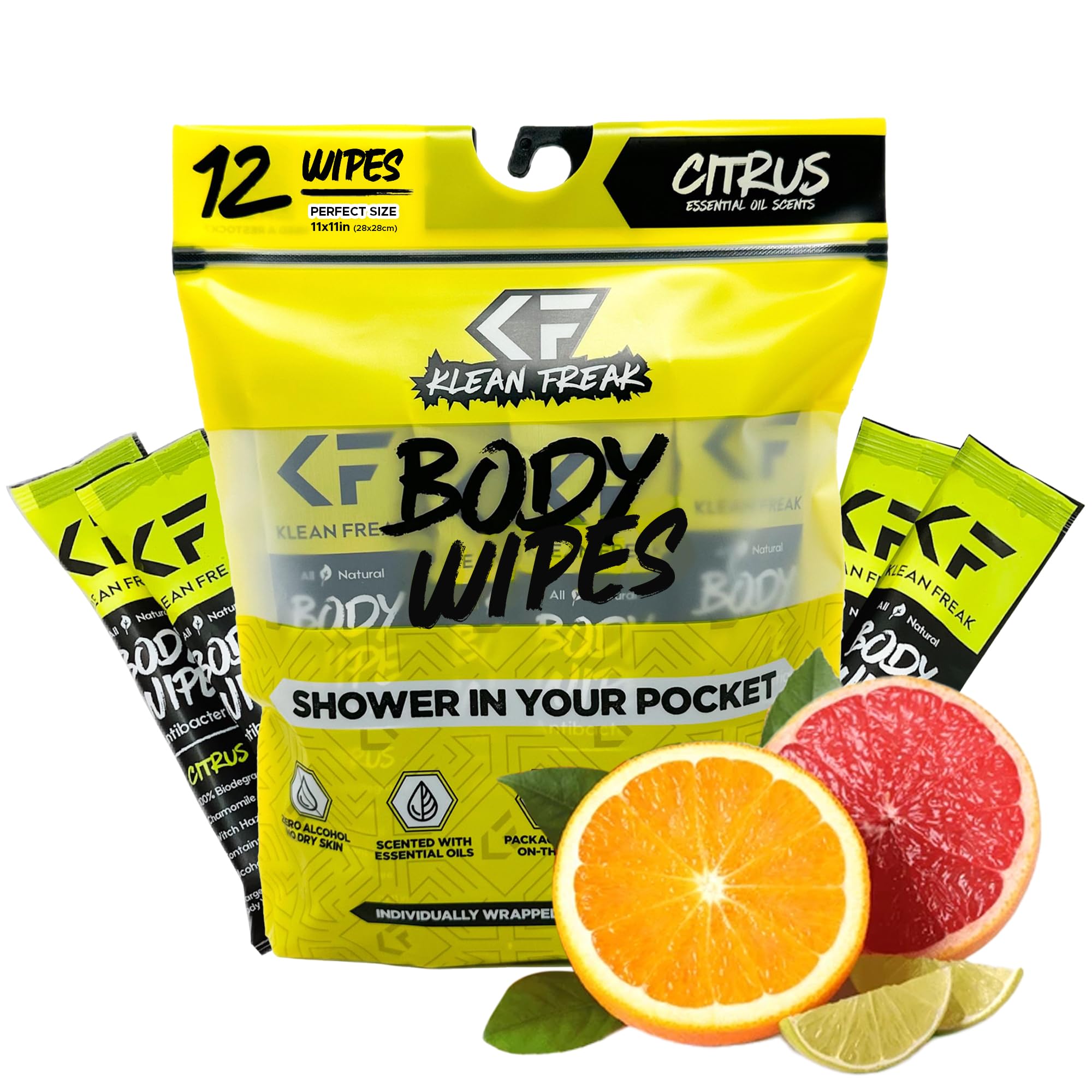 The Klean Freak Body Wipes - 12 count Individually Wrapped | Showerless Body Wipe for Women & Men | Sustainable Bodywipes for Gym, Travel, Camping | Citrus