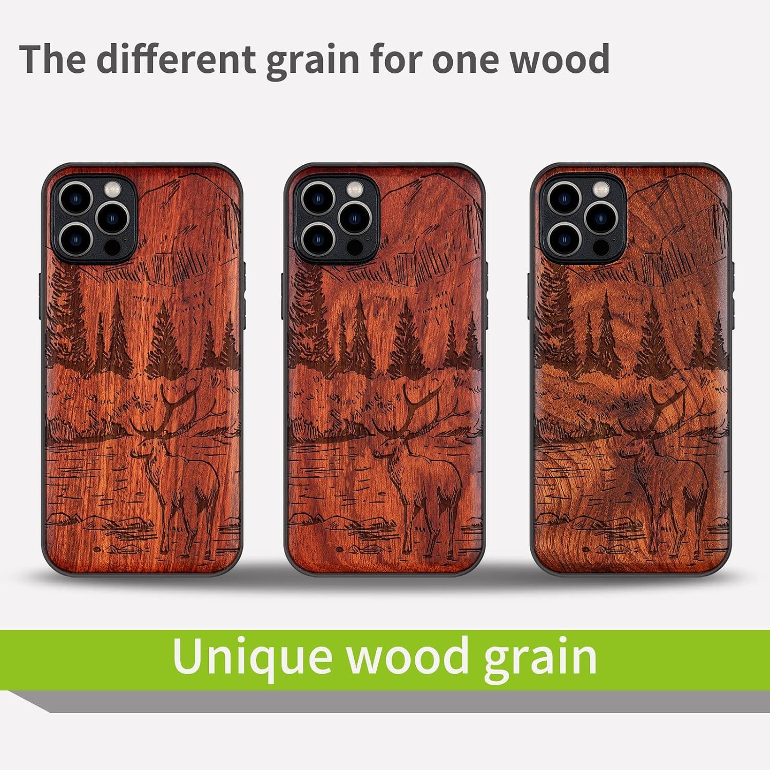 Carveit Magnetic Wood Case for iPhone 12 Pro Max Case [Natural Wood & Black Soft TPU] Shockproof Protective Cover Classy Wooden Case Compatible with MagSafe (Mountains and Deer -Rosy)
