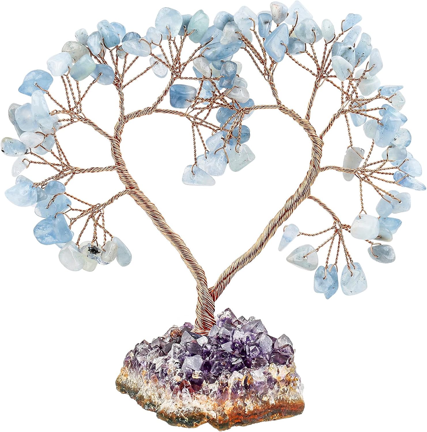 mookaitedecor Aquamarine Love Heart Crystal Tree with Amethyst Cluster Crystal Base
