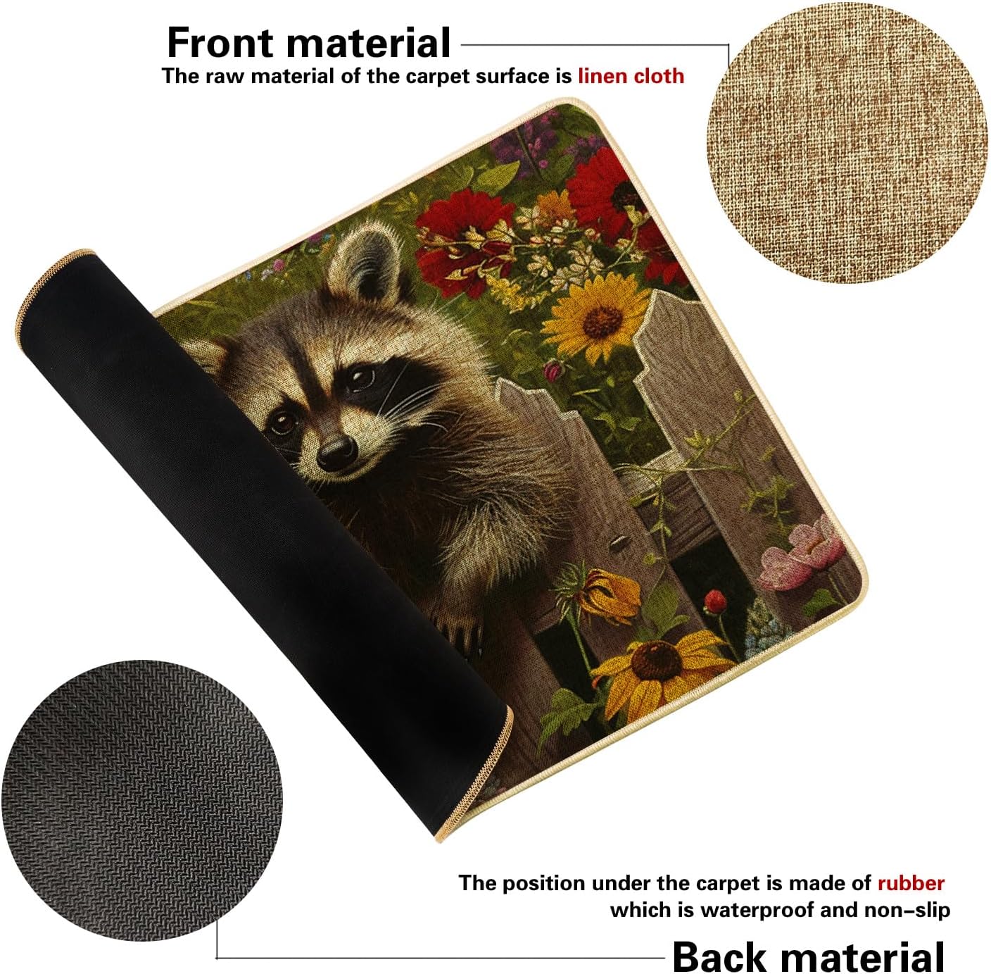 Cute Raccoon Door Mat Animal Sunflower Lavender Garden Country Fence Farmhouse Green Linen Rubber Non Slip Outdoors Patio Inside Porch Classroom Waterproof Dirt Trapper Under Door mat 17x29 Inch
