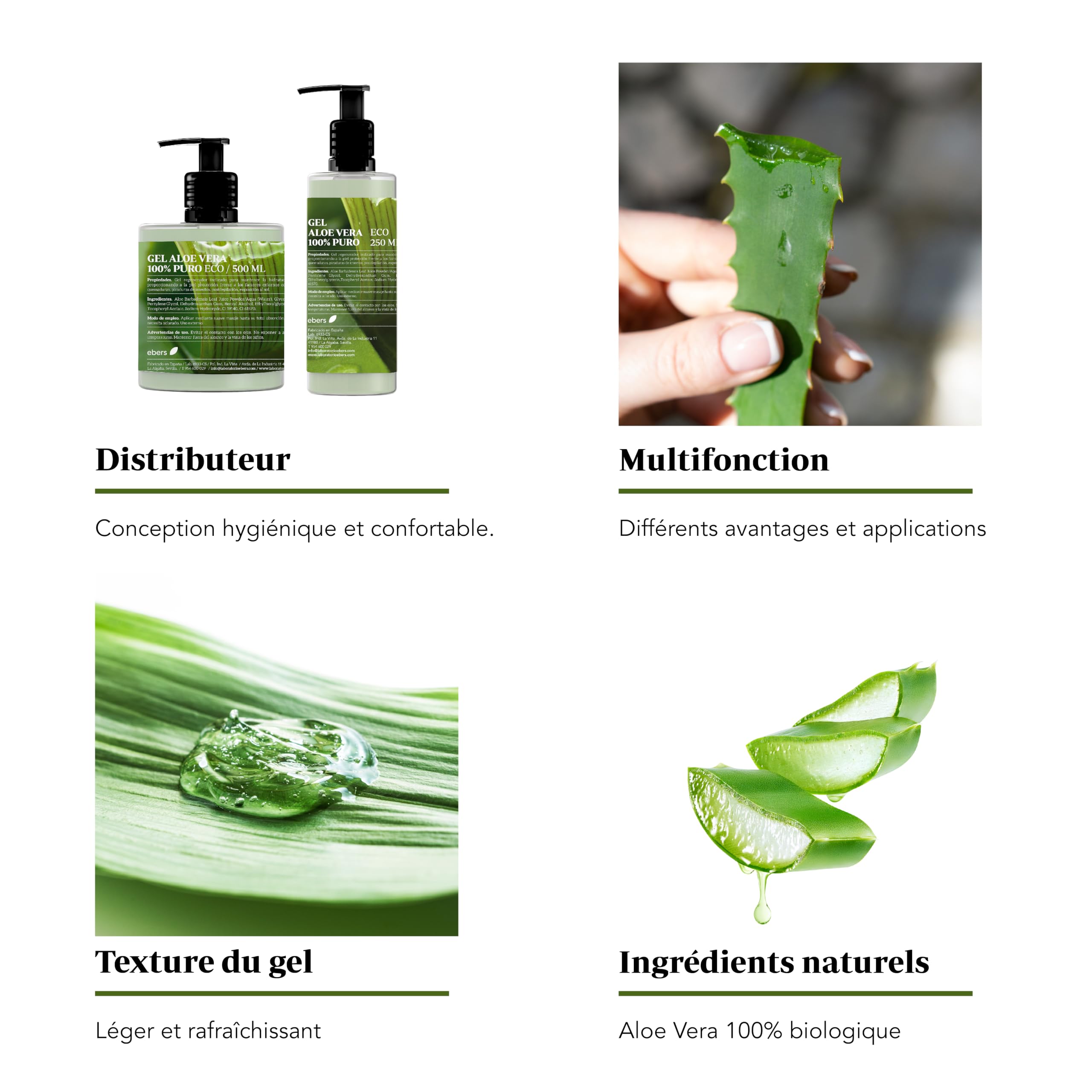 Ebers Gel d'Aloe Vera 100% Pur 250 Ml avec distributeur - Excellent hydratant pour le visage et le corps, après-soleil, épilation et brûlures.
