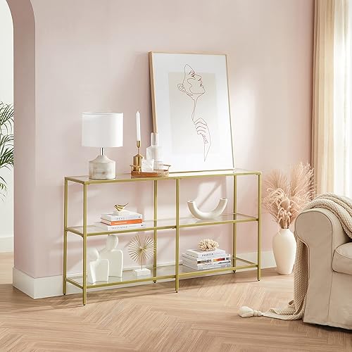 Miniatura 32 de VASAGLE Mesa consola de 51.2 pulgadas con 3 estantes, mesas de sofá, mesa de entrada moderna, marco de metal, estante de vidrio templado, entrada,